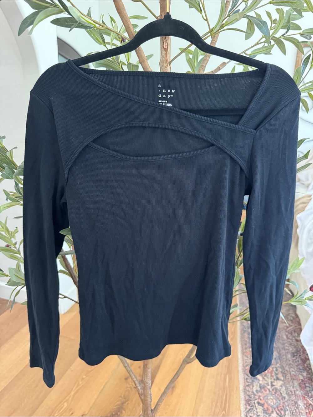 a new day Black Long-Sleeve Ribbed Cutout Top